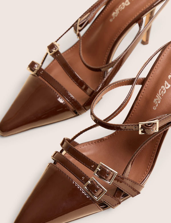 Sushi Brown Patent Buckle Detail Slingback Court Shoes