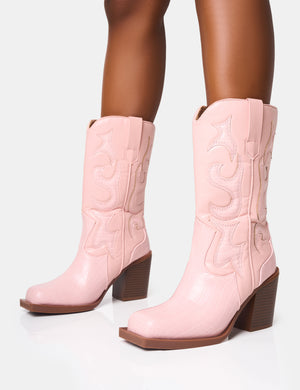 Texas Pink Western Block Heel Ankle Boots