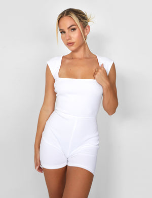 Square Neck Ribbed Playsuit White