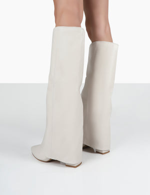 Zendaya Ecru Pointed Toe Knee High Block Boots