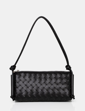 The Tate Black Woven Oblong Knotted Handle Shoulder Bag