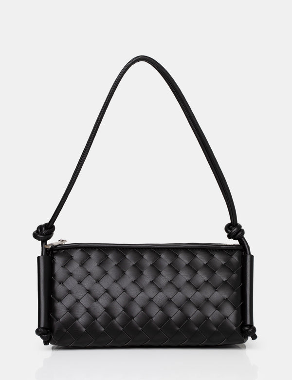 The Tate Black Woven Oblong Knotted Handle Shoulder Bag