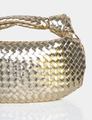 The Blame Metallic Gold Woven PU Knot Detail Mini Grab Bag