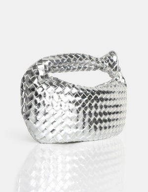 The Blame Metallic Silver Mirror Woven PU Knot Detail Mini Grab Bag