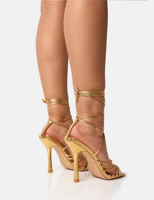 Aspen Gold Knot Strap Lace Up Square Toe Stiletto Heels