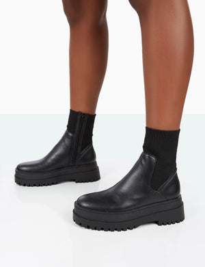 Paloma Black Boucle Knit Platform Chunky Sole Sock Ankle Boots