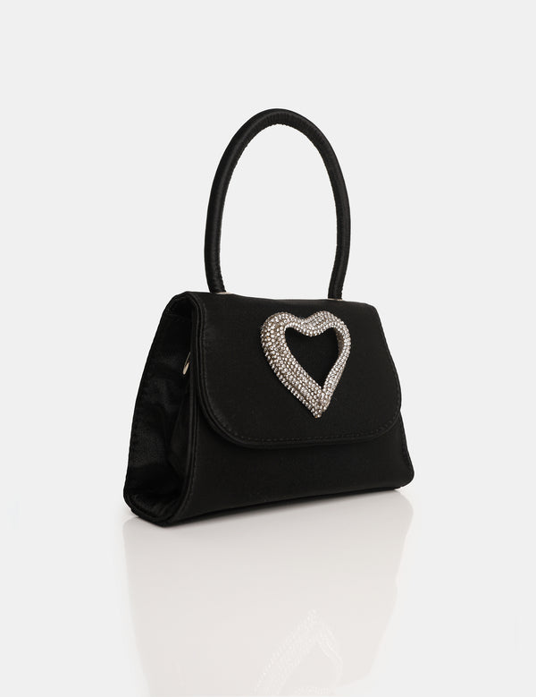 The Heart Black Satin Diamante Heart Mini Bag