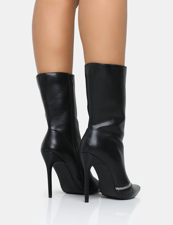 Pitstop Black Pu Zip Detail Pointed Toe Stiletto Heel Ankle Boots