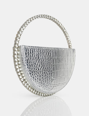 The Alessia Silver Croc Pu Circle Diamante Grab Bag