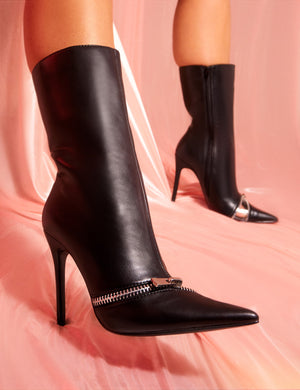 Pitstop Black Pu Zip Detail Pointed Toe Stiletto Heel Ankle Boots