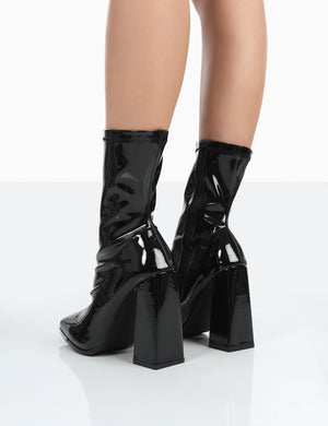 Liberty Wide Fit Black Patent Sock Block Heeled Ankle Boots