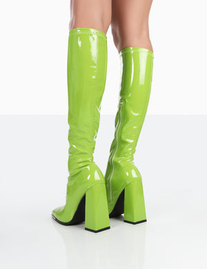 Caryn Lime Patent Knee High Block Heeled Boots