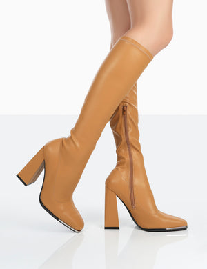 Caryn Camel Grain Pu Patent Knee High Block Heeled Boots