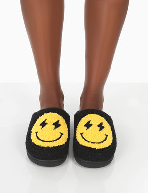 Daze Black Printed Smiley Face Slippers