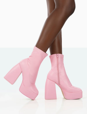 Own Thing Wide Fit Pink PU Chunky Square Toe Platform Heel Block Ankle Boots