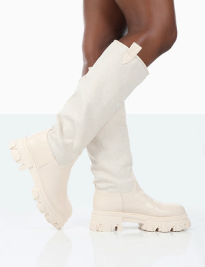 Genius Ecru PU Knee High Linen Platform Chunky Sole Boots