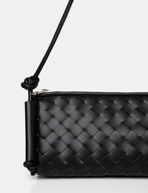 The Tate Black Woven Oblong Knotted Handle Shoulder Bag