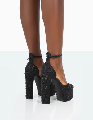Effie Black Diamante Ankle Strap Block Heel Platform Court High Heels