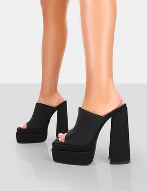 Skyhigh Black Satin Chunky Platform High Heeled Mules