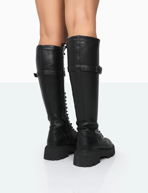 Lainey Black Pu Chunky Sole Lace Up Knee High Boots