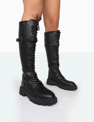 Lainey Black Pu Chunky Sole Lace Up Knee High Boots