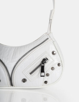 The Candice Zip Detailed White Croc Shoulder Bag
