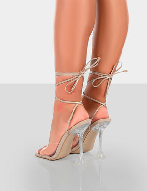 Bly Nude Patent Clear Perspex Cake Stand Lace Up Square Toe Heels