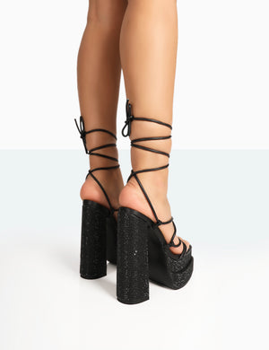 Glow Girl Black Sparkly Diamante Lace Up Platform Block High Heels