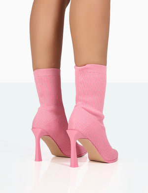 Farah Pink Knitted Pointed Toe Stiletto Heel Ankle Sock Boots