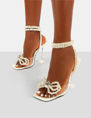 Glimmer White Wide Fit Wrap Around Pearl Square Toe Cake Stand Heels