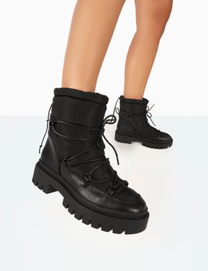 Snowy Black Lace Up Chunky Sole Snow Ankle Boots
