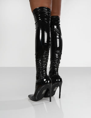 Confidence Black Patent Stiletto Heeled Over The Knee PU Boot