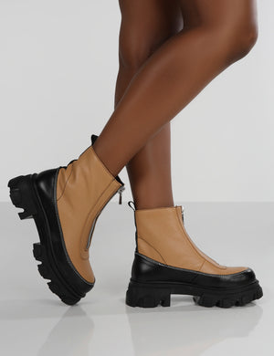 Direction Tan Pu Zip Front Platform Chunky Sole Ankle Boot