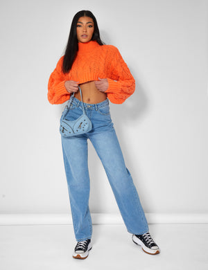 Roll Neck Cropped Cable Knitted Jumper Orange