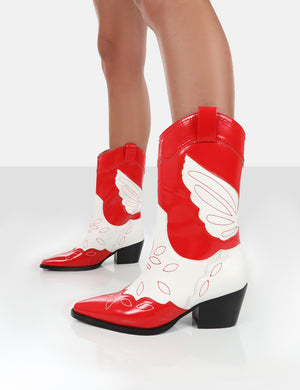 Howdy Red Patent Pointed Toe Western Cowboy Block Ankle Boots