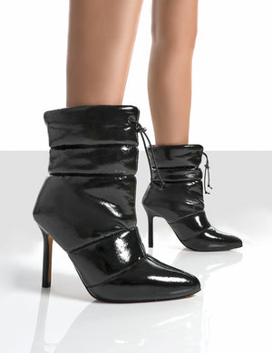 Reset Black Patent Puffer Drawstring Stiletto Heeled Boots