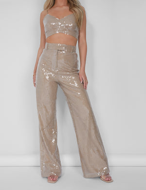 Wide Leg Sequin Trousers Nude
