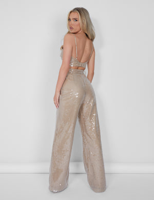 Wide Leg Sequin Trousers Nude