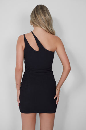 Scrunch One Shoulder Cut Out Mini Beach Dress Black