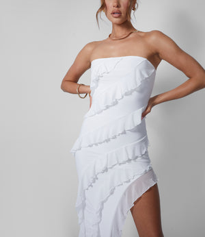 Frill Detail Asymmetric Midaxi Dress White