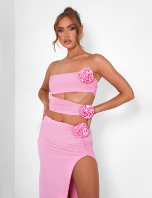 Rose Detail Cut Away Bandeau Top Pink