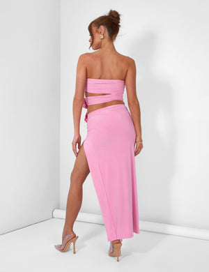 Rose Detail Extreme Split Maxi Skirt Pink