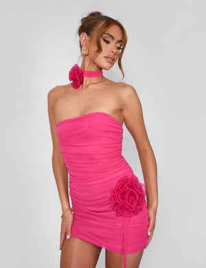 Rose Detail Bandeau Mesh Mini Dress Hot Pink