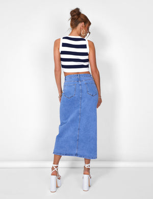 Stripe Knitted Crop Racer Top Ecru
