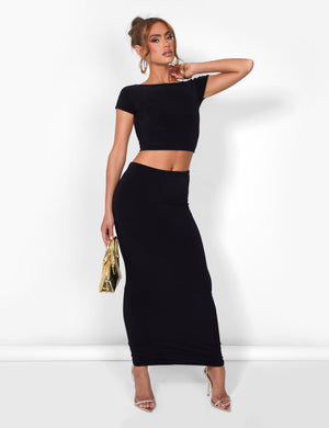 Kaiia Slinky Maxi Skirt Co-ord in Black