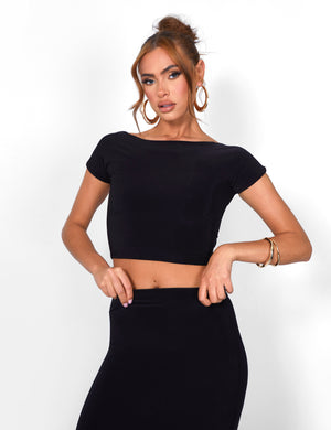 Kaiia Off Shoulder Slinky Cropped Top Co-ord in Black