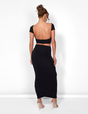 Kaiia Off Shoulder Slinky Cropped Top Co-ord in Black