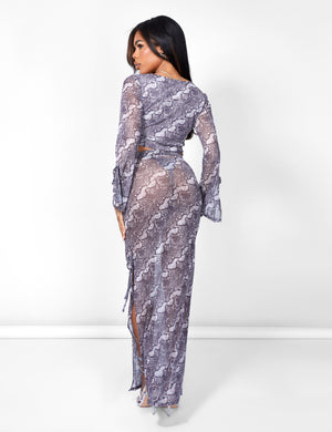 Kaiia Tie Front Sheer Mesh Top Co-ord in Snake Print
