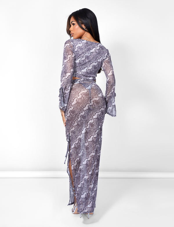 Kaiia Tie Front Sheer Mesh Top Co-ord in Snake Print