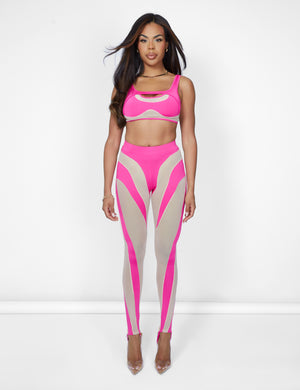 Mesh Illusion Insert Sleeveless Crop Top Hot Pink